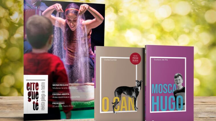 'erregueté#105' e libro coas peza 'HUGO' e 'Mosca' de Gustavo del Río e 'O can' de Lluïsa Cunillé. Deseño: Javier Lojo