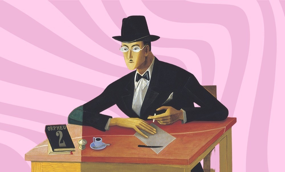 Fernando Pessoa, retratado por Almada Negreiros (1964), sobre fondo rosa.