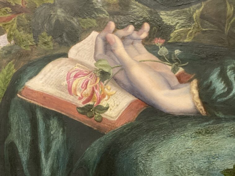 ‘The Day Dream’ (1880) de Dante Gabriel Rossetti (Victoria and Albert Museum. Londres). Fragmento. Foto: Afonso Becerra.